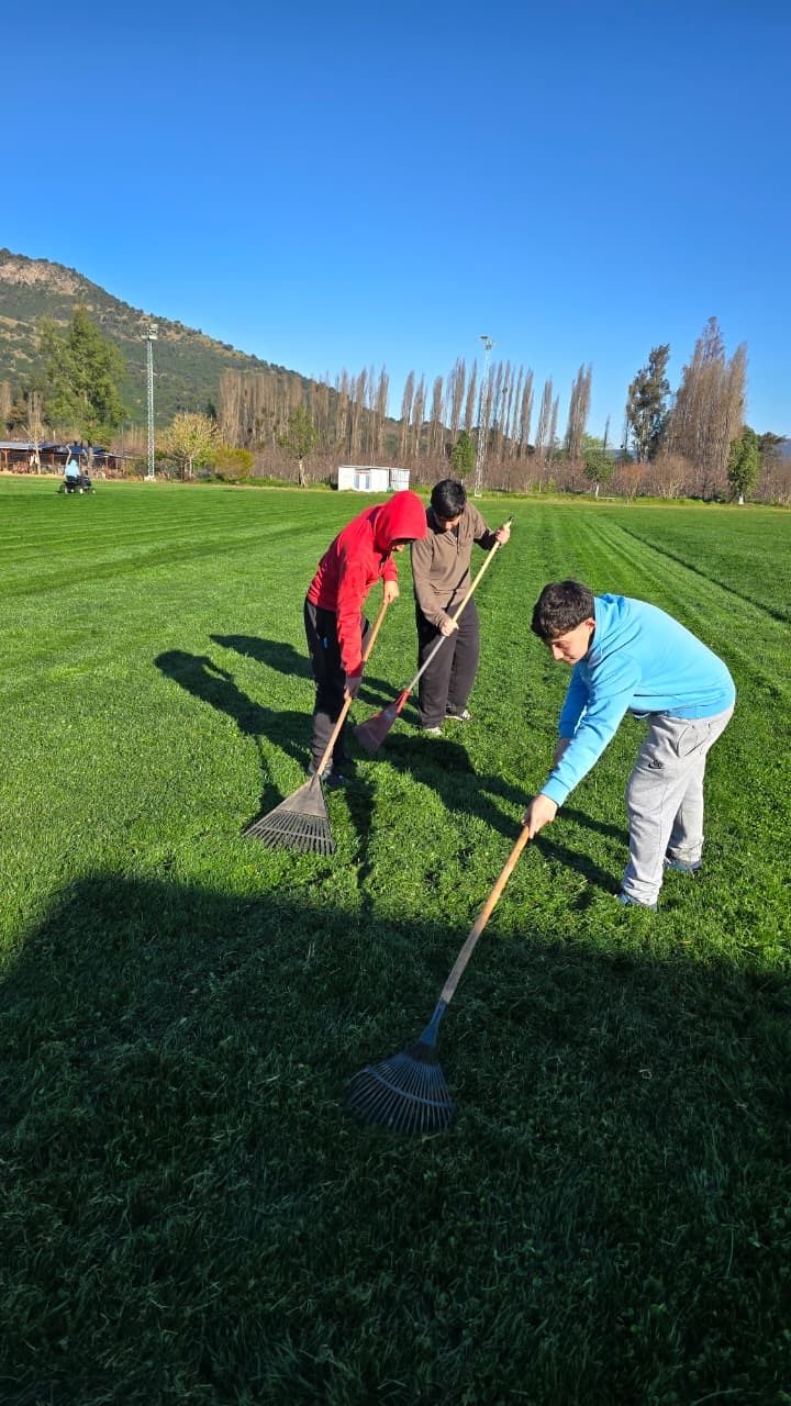 Personas trabajando en el cuidado del césped de la cancha, imagen del archivo CUDO